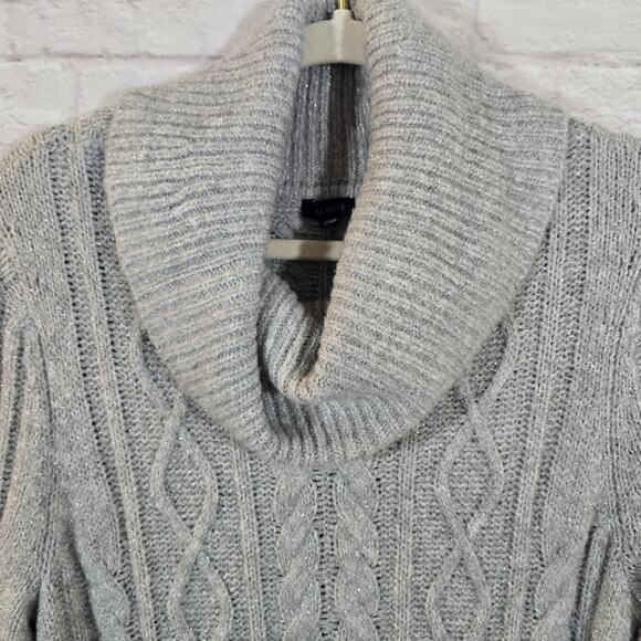 Y Talbots Cableknit Sweater Dress Size M Grey Silver Metallic Shimmer Cowl Neck - Picture 2 of 11